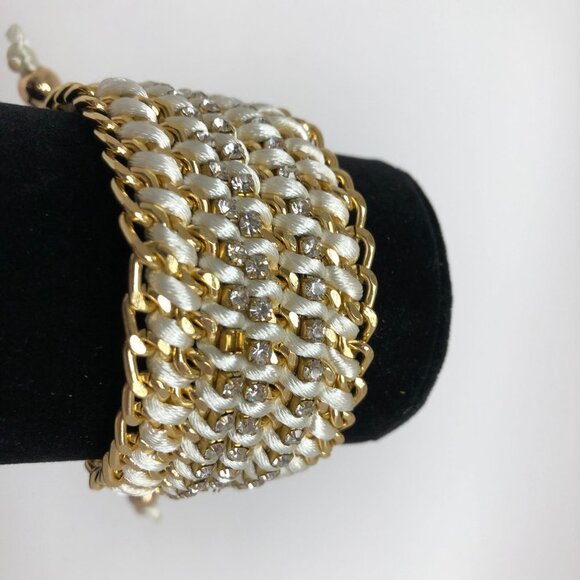 Wide Cuff Crochet Rhinestone Chunky Chain Adjustable Bracelet Gold Tone - Picture 4 of 6